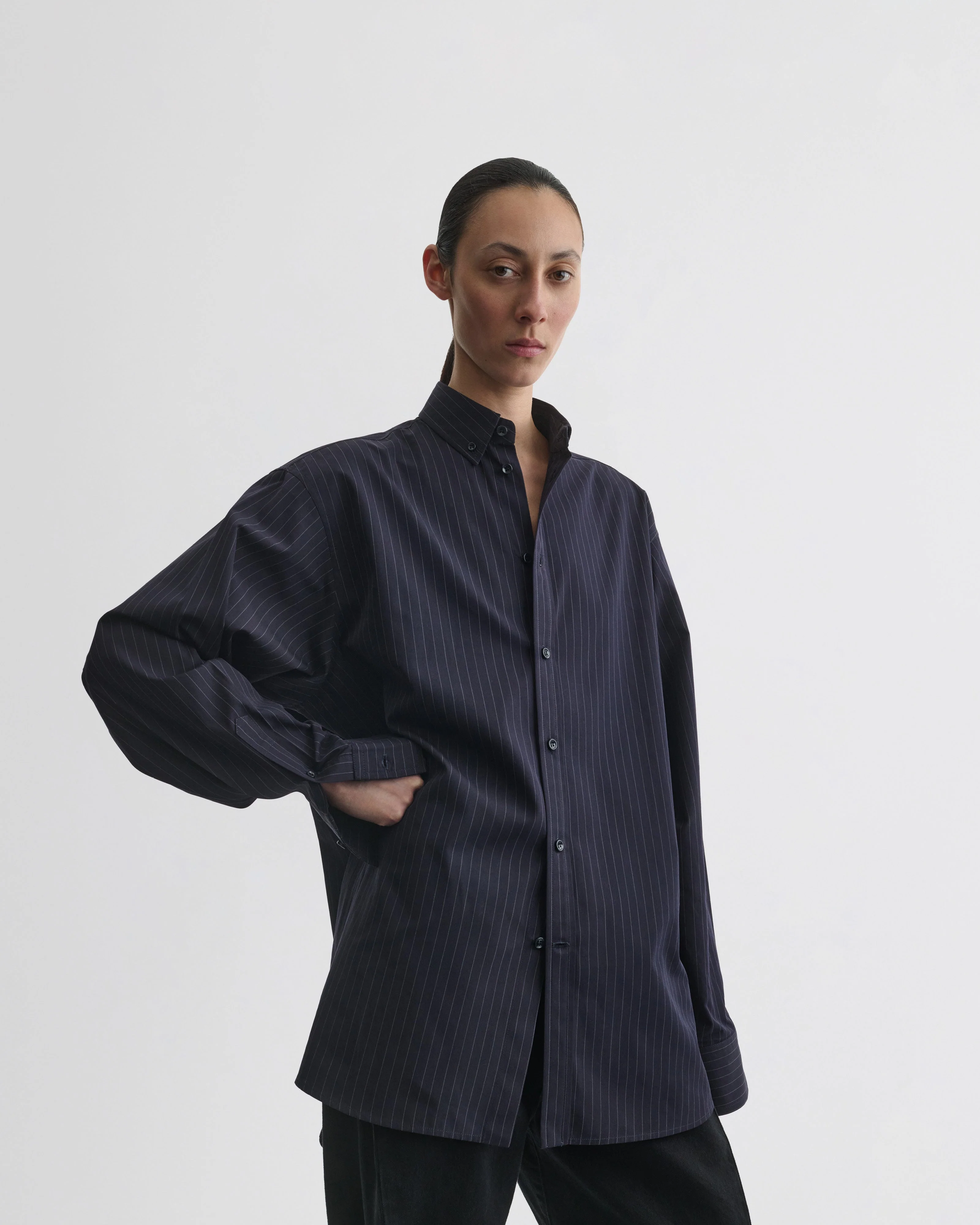 BUTTON COLLAR SHIRT | midnight pinstripe cotton - Image 4