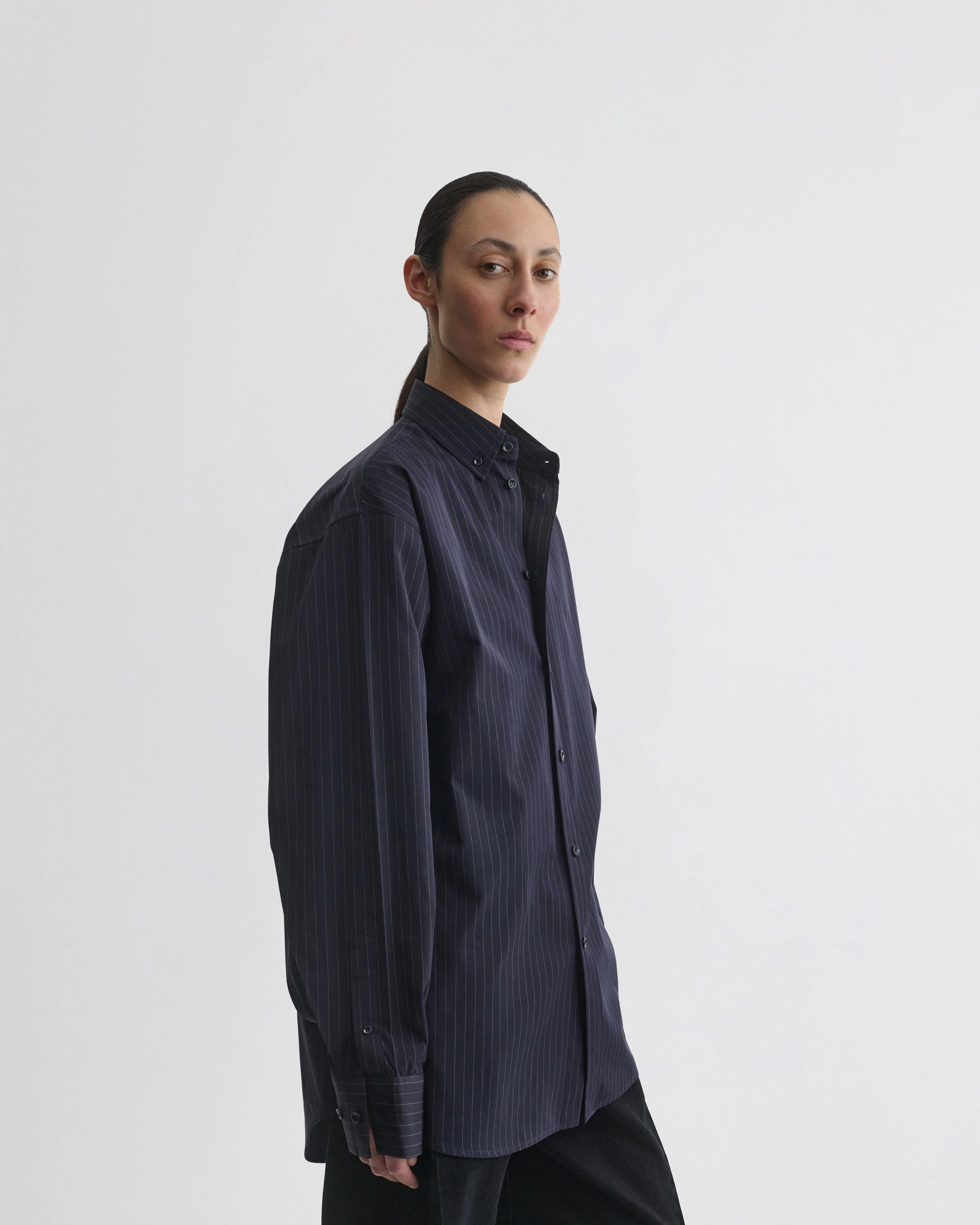 BUTTON COLLAR SHIRT | midnight pinstripe cotton - Image 5