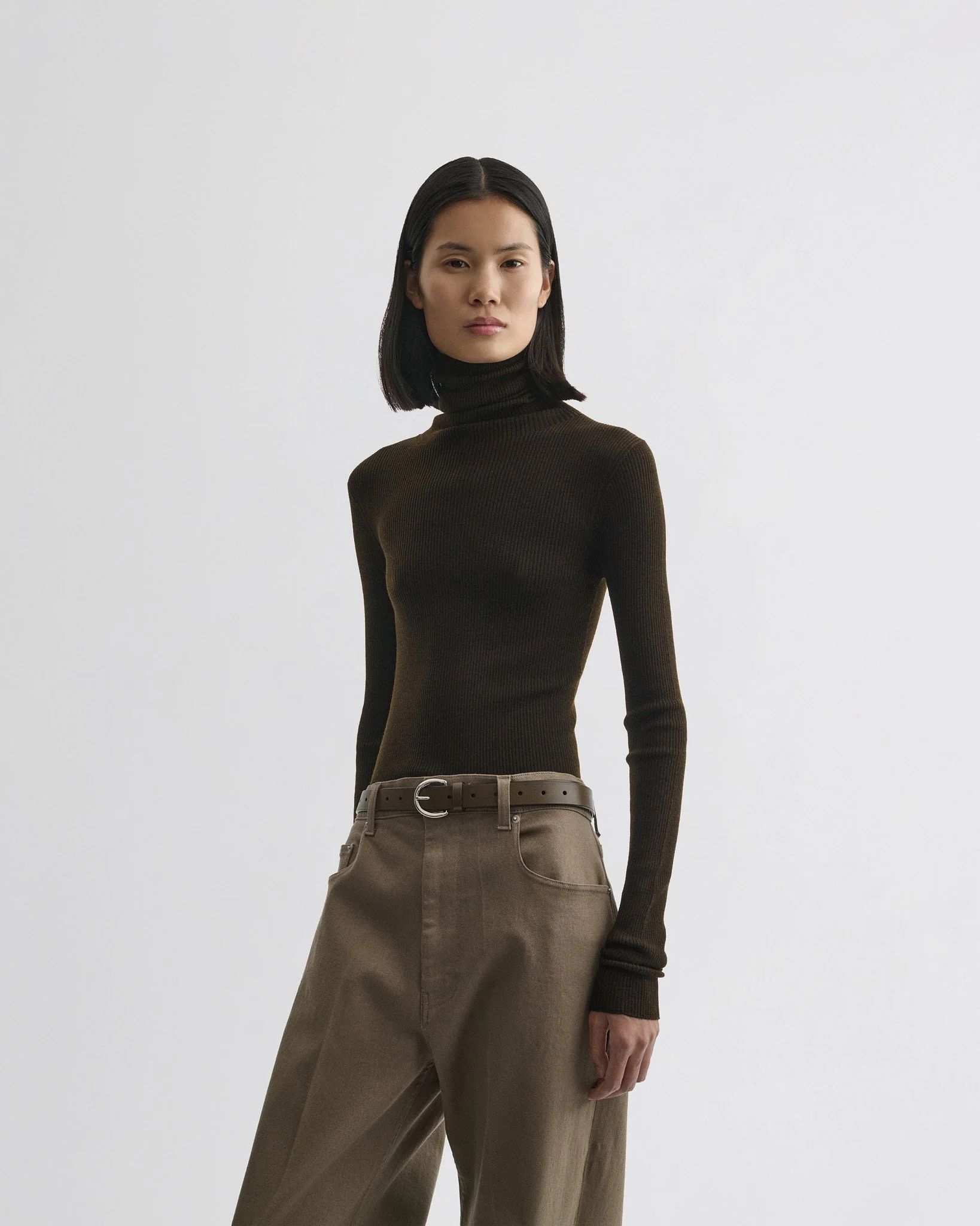FINE RIB HIGH NECK TOP | dark khaki wool - Image 3