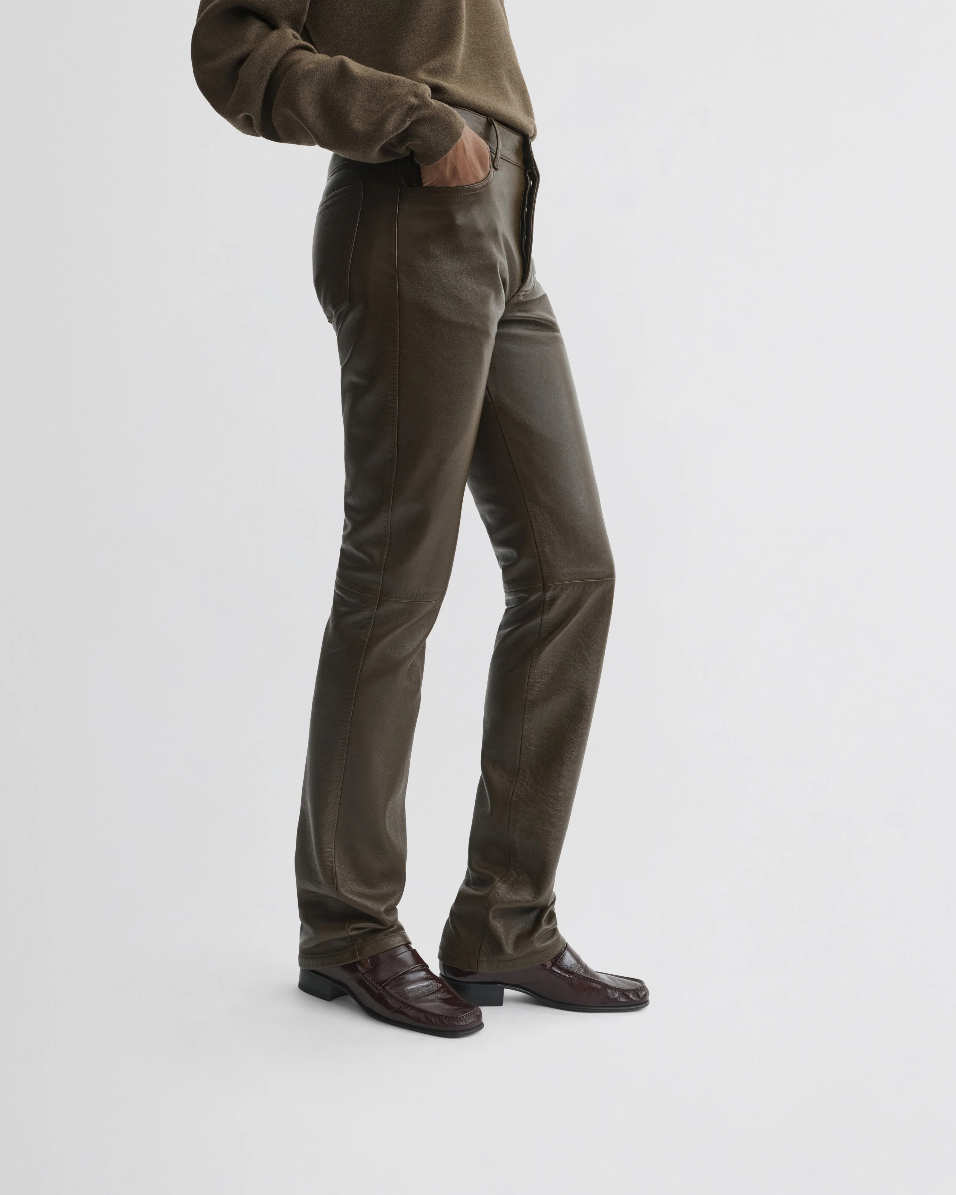 STRAIGHT LEG JEANS | green bronze leather - Image 4